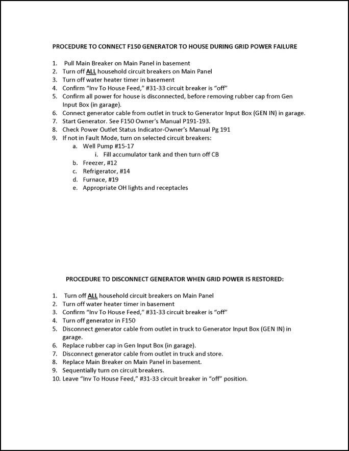 Procedure to connect-disconnect F150 generator